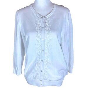 Talbots Cardigan Womens Size L White Beaded Sequin Button Front Crew Sweater